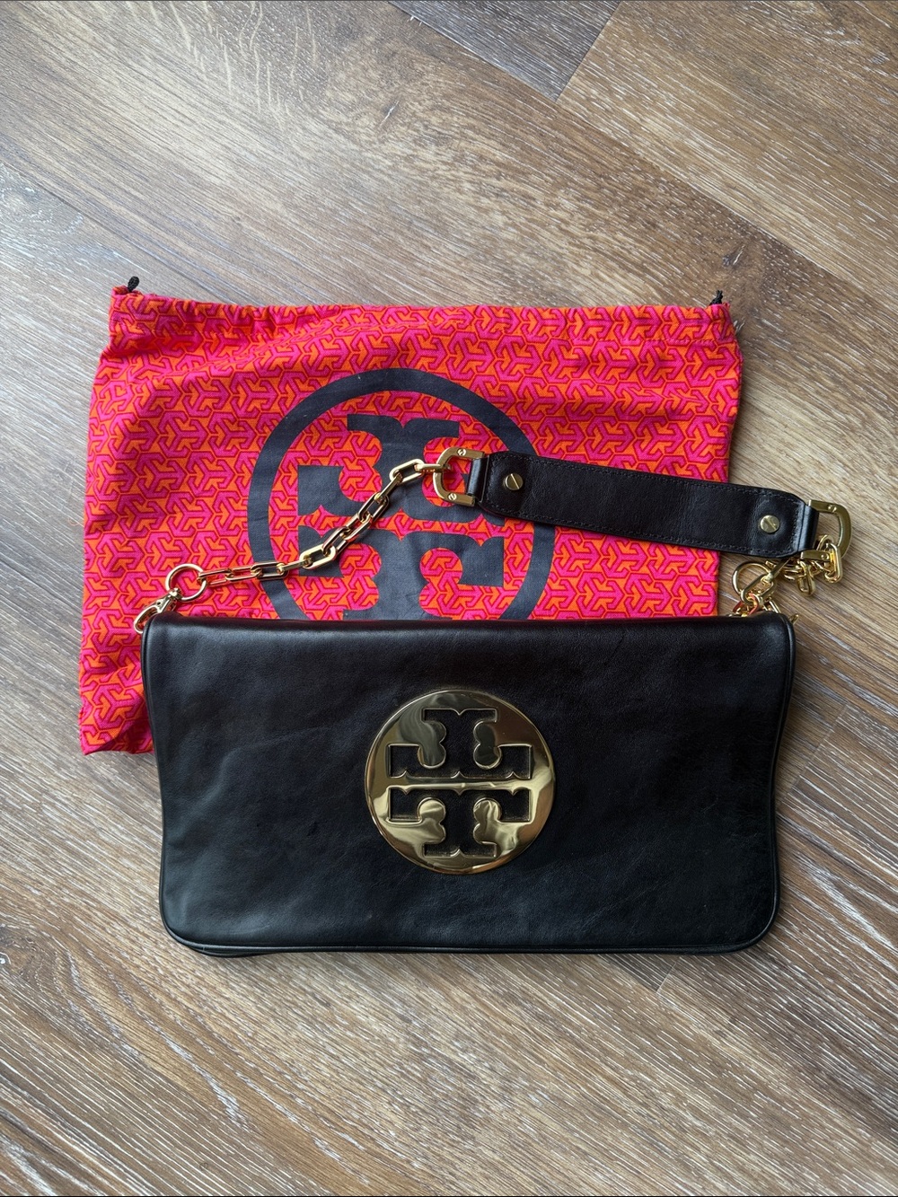Tory Burch Black Leather Logo Clutch with Gold Medallion and Chain Strap